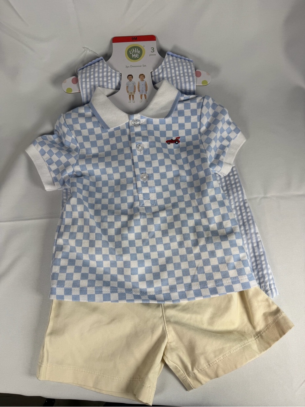 Little Me Blue Check Polo & Cream Shorts Set